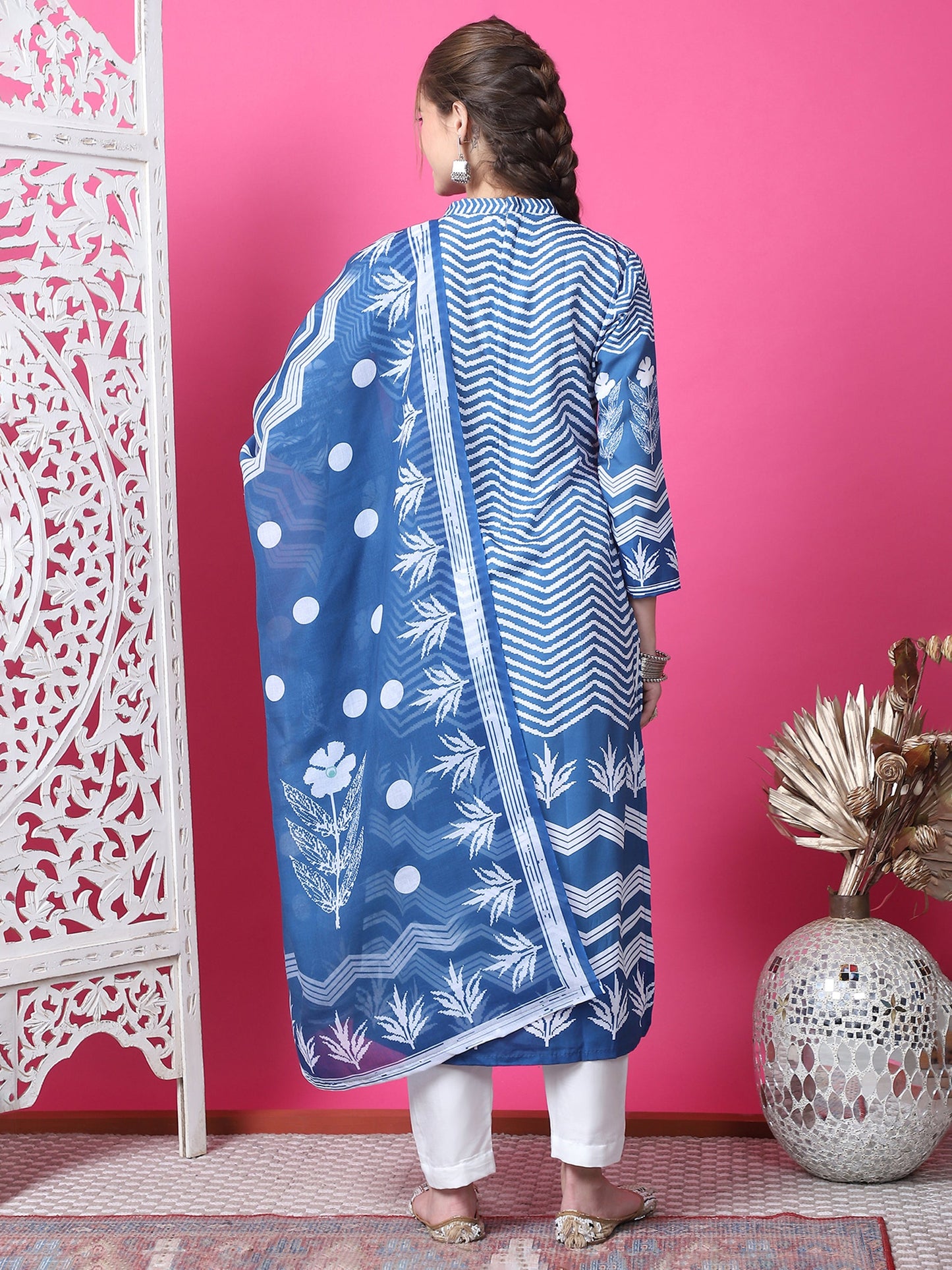 Jyoti Fashion Women's Indigo Blue Cotton Geometric Digital Print with Jari & Crystal Kurta with Trouser & Dupatta | Swadesiicart