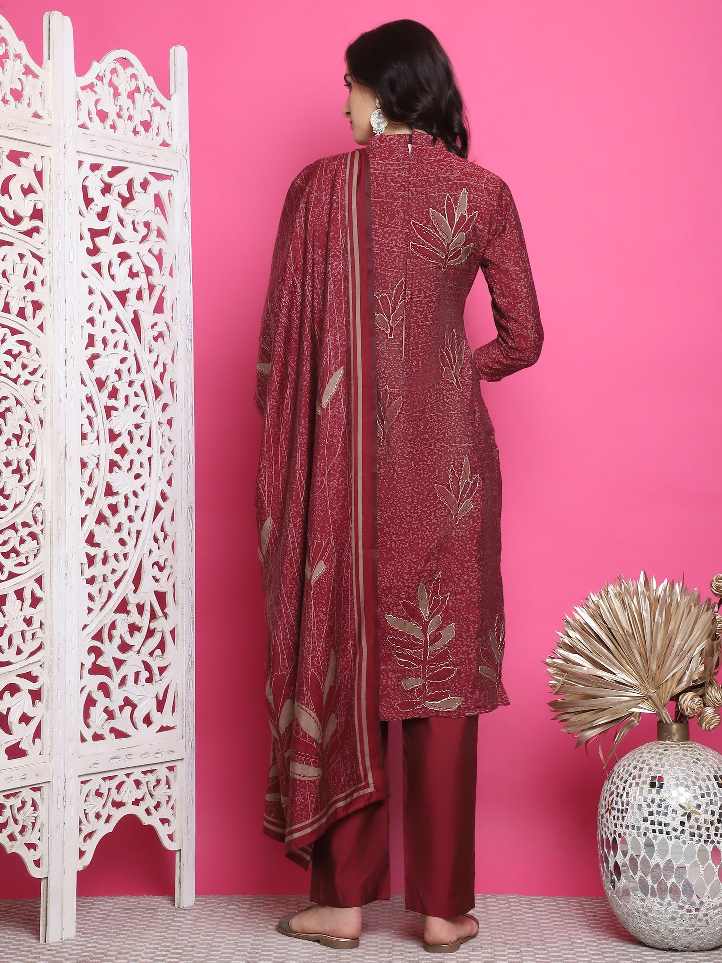 Jyoti Fashion Women's Maroon Muslin Floral Print with Jari & Crystal work Kurta with Trouser & Dupatta | Swadesiicart