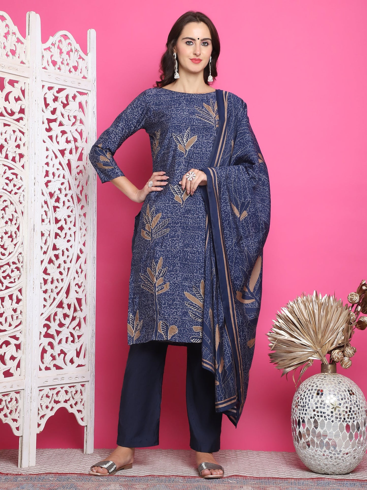 Jyoti Fashion Women's Navy Blue Muslin Floral Print with Jari & Crystal work Kurta with Trouser & Dupatta | Swadesiicart