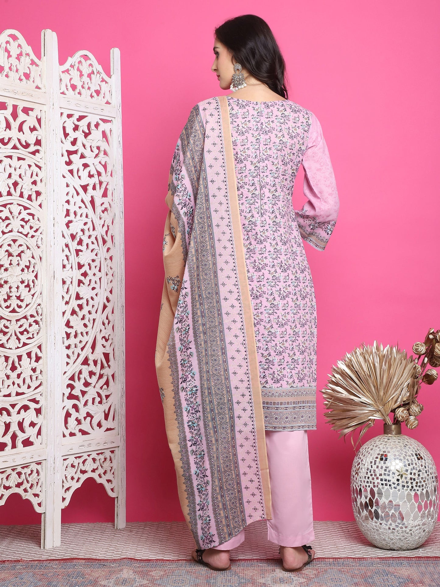 Jyoti Fashion Women's Pink Cotton Floral Digital Print with Resham Thread Work Kurta with Trouser & Dupatta | Swadesiicart
