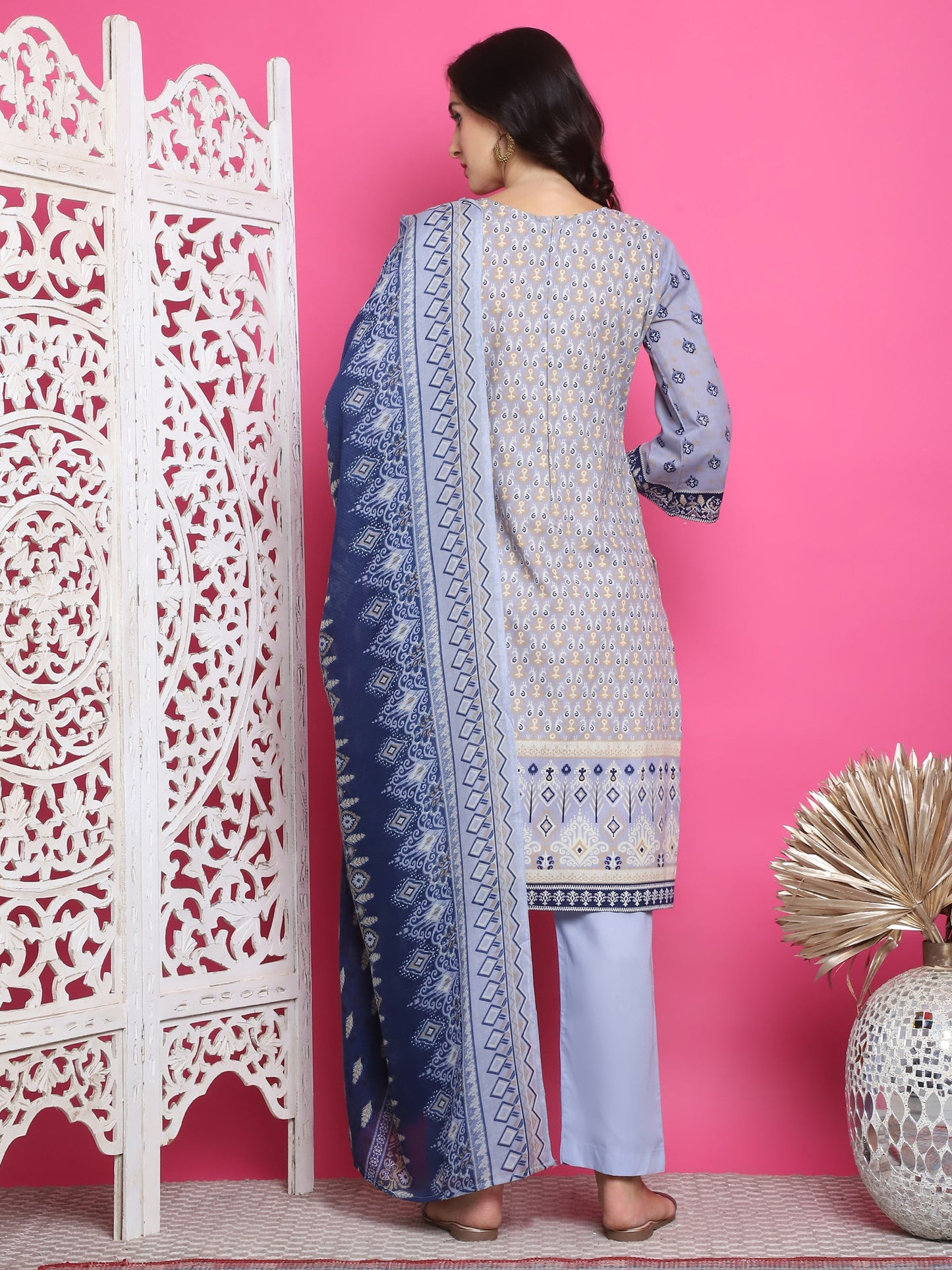 Jyoti Fashion Women's Sky Blue Cotton Floral Digital Print with Resham Thread Work Kurta with Trouser & Dupatta | Swadesiicart
