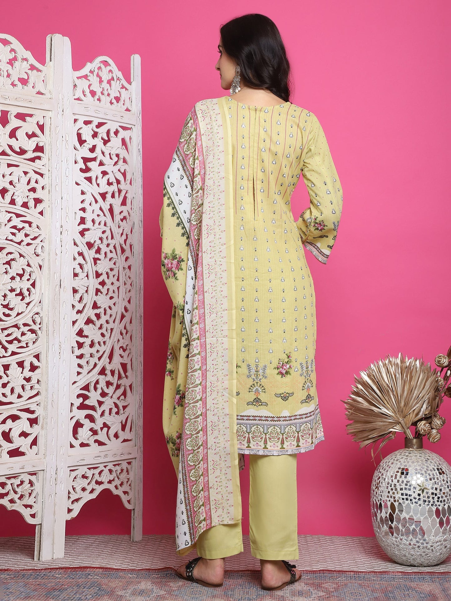Jyoti Fashion Women's Lemon Yellow Cotton Floral Digital Print with Resham Thread Work Kurta with Trouser & Dupatta | Swadesiicart