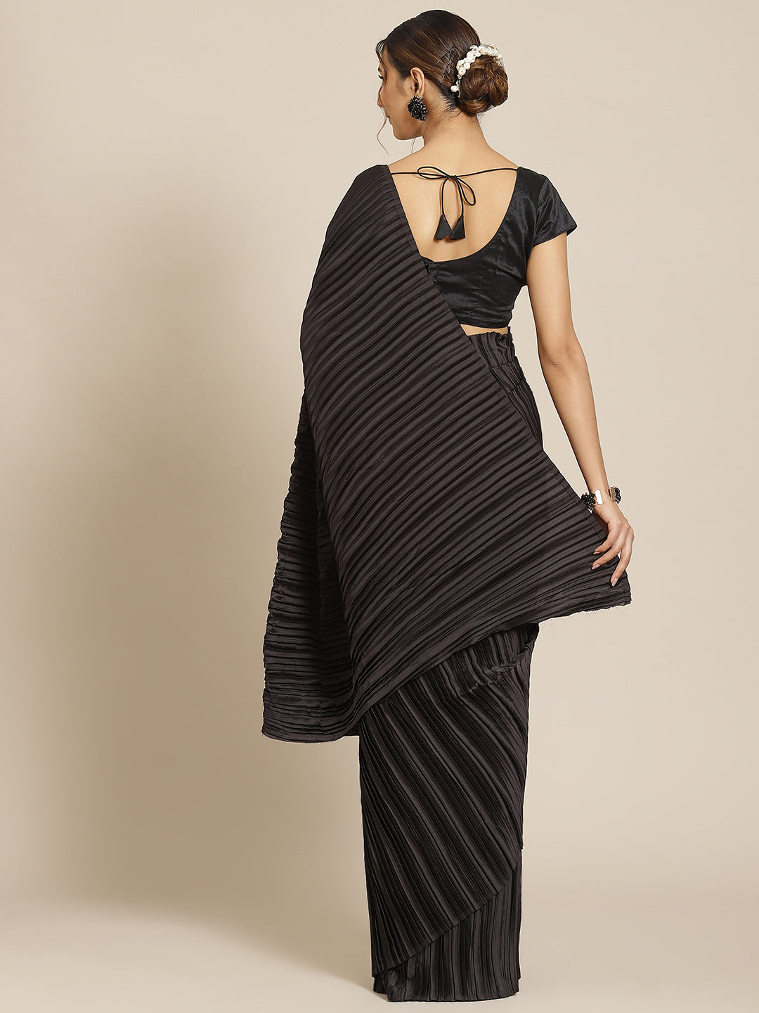 Jyoti Fashion Women's Black Satin Platted Work Designer Saree with Blouse | Swadesiicart