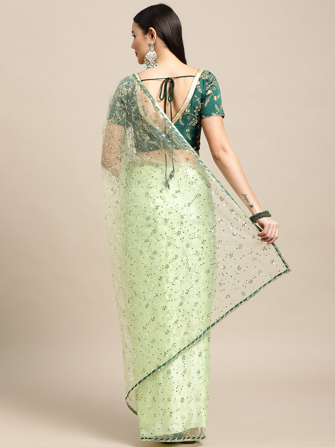 Jyoti Fashion Women's Green Net Embroidered Designer Saree with Blouse | Swadesiicart