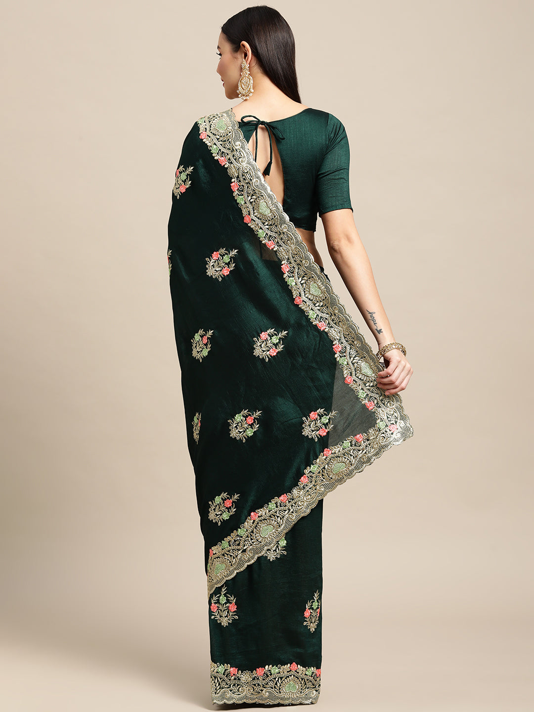 Jyoti Fashion Women's Green Silk Blend Embroidered Designer Saree with Blouse | Swadesiicart