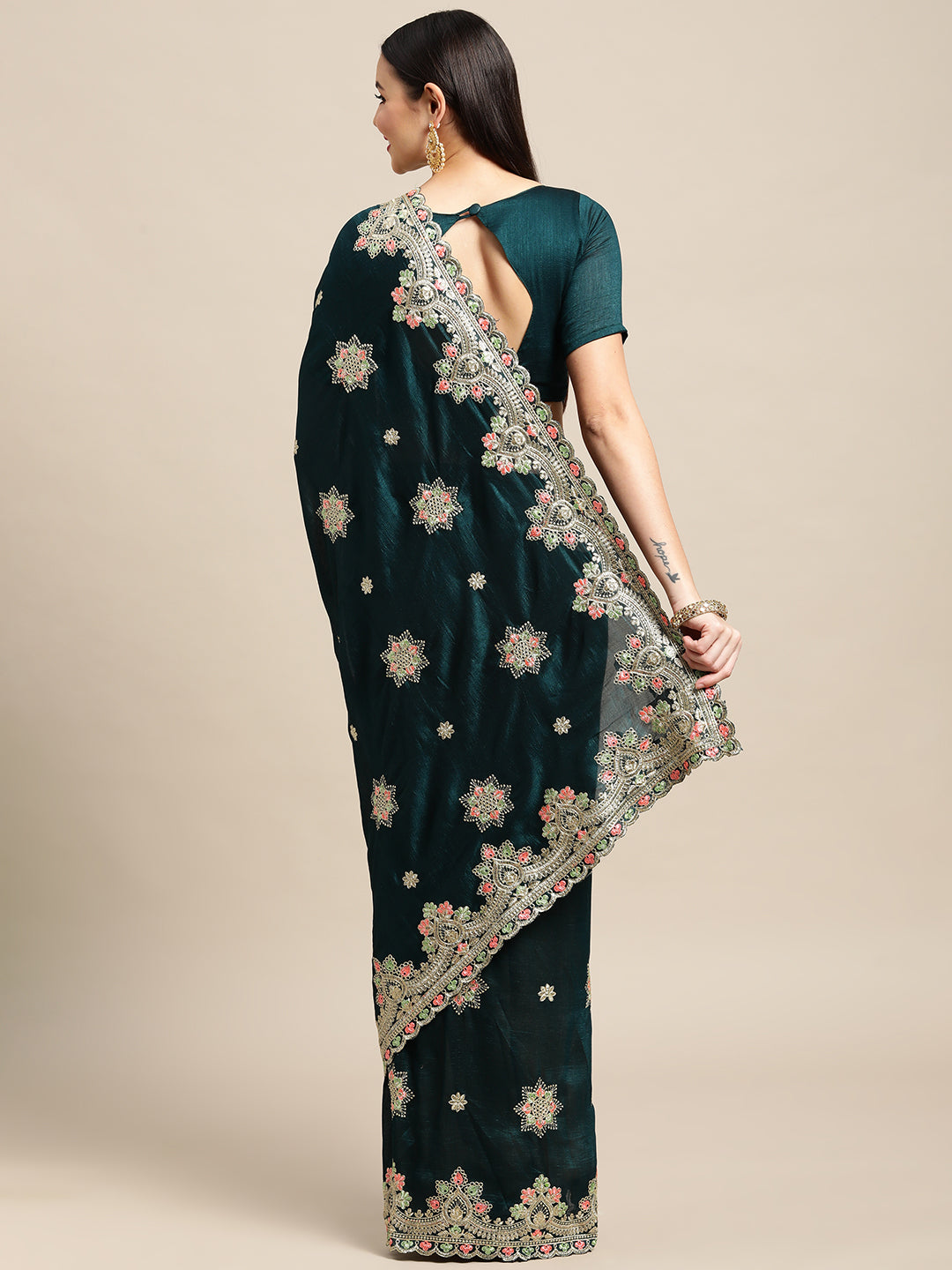 Jyoti Fashion Women's Green Silk Blend Embroidered Designer Saree with Blouse | Swadesiicart