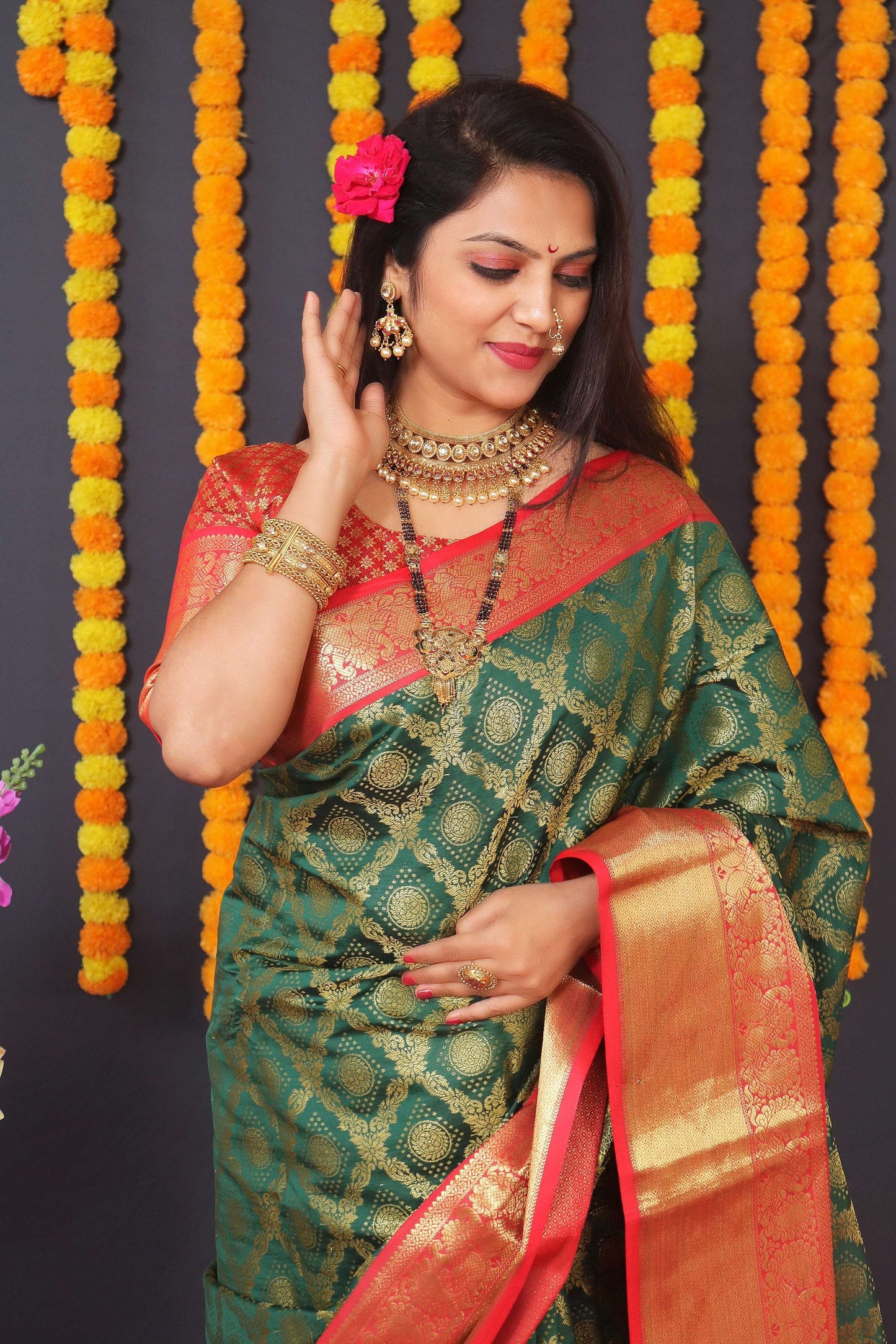 Jyoti Fashion Women's Green Kanchipuram Silk Zari Woven Saree with Blouse | Swadesiicart