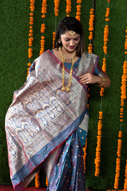 Jyoti Fashion Women's Grey Handloom Banarasi Silk Zari Woven Saree with Blouse | Swadesiicart