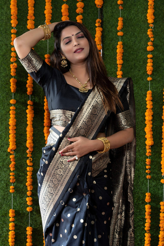 Jyoti Fashion Women's Black Handloom Banarasi Silk Zari Woven Saree with Blouse | Swadesiicart