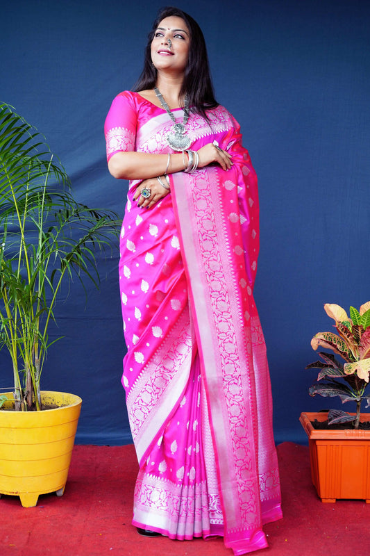 Jyoti Fashion Women's Pink Soft Banarasi Silk Zari Woven Saree with Blouse | Swadesiicart