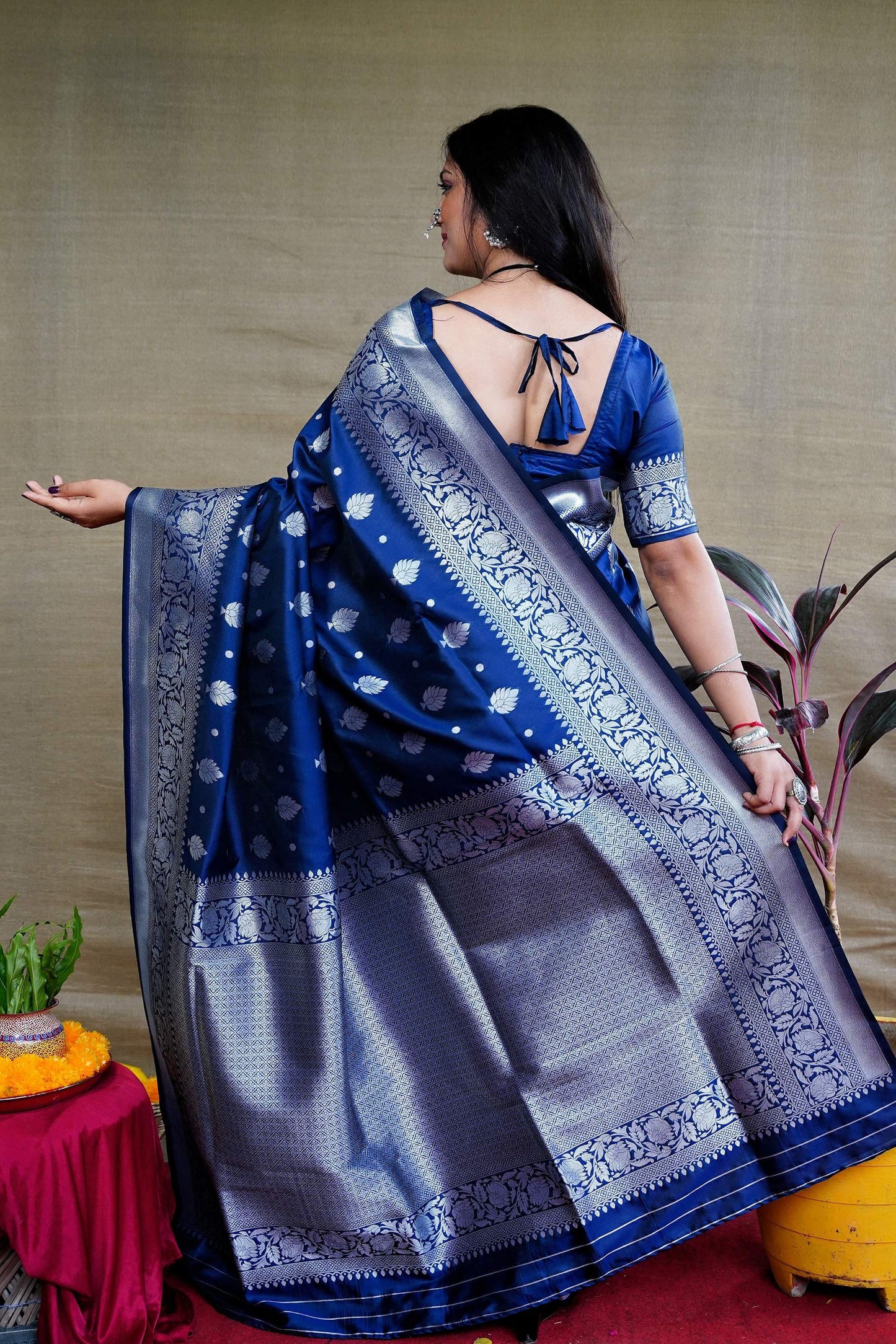 Jyoti Fashion Women's Navy Blue Soft Banarasi Silk Zari Woven Saree with Blouse | Swadesiicart