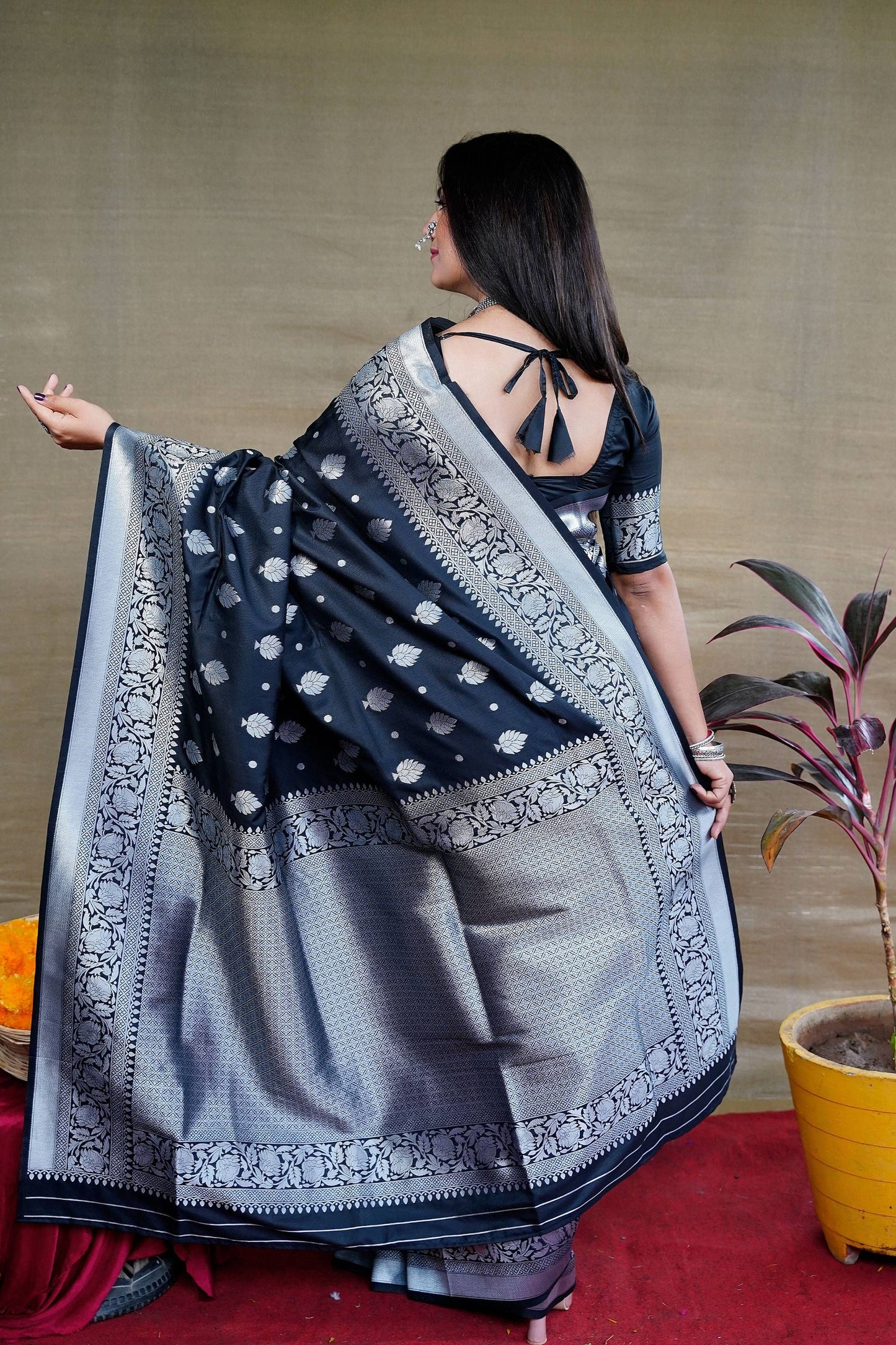 Jyoti Fashion Women's Black Soft Banarasi Silk Zari Woven Saree with Blouse | Swadesiicart