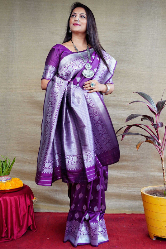 Jyoti Fashion Women's Purple Soft Banarasi Silk Zari Woven Saree with Blouse | Swadesiicart