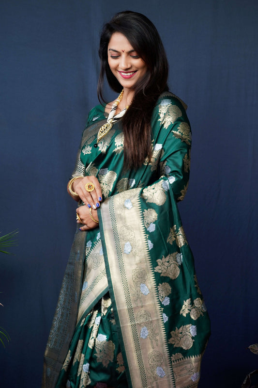 Jyoti Fashion Women's Bottle Green Handloom Banarasi Silk Zari Woven Saree with Blouse | Swadesiicart
