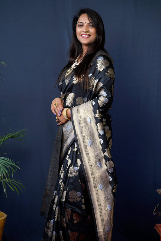 Jyoti Fashion Women's Black Handloom Banarasi Silk Zari Woven Saree with Blouse | Swadesiicart