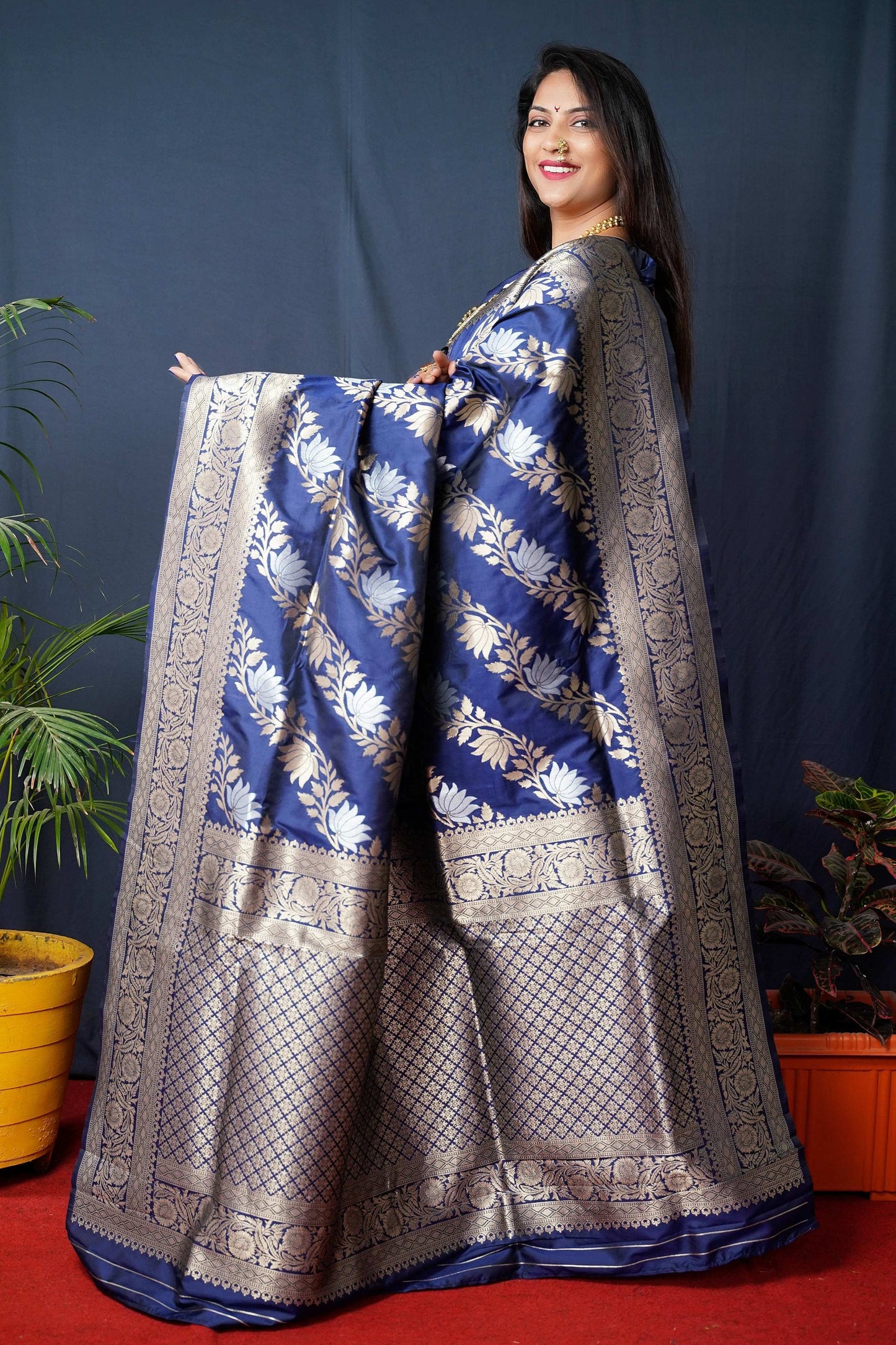 Jyoti Fashion Women's Navy Blue Handloom Banarasi Silk Zari Woven Saree with Blouse | Swadesiicart