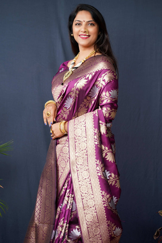 Jyoti Fashion Women's Wine Handloom Banarasi Silk Zari Woven Saree with Blouse | Swadesiicart