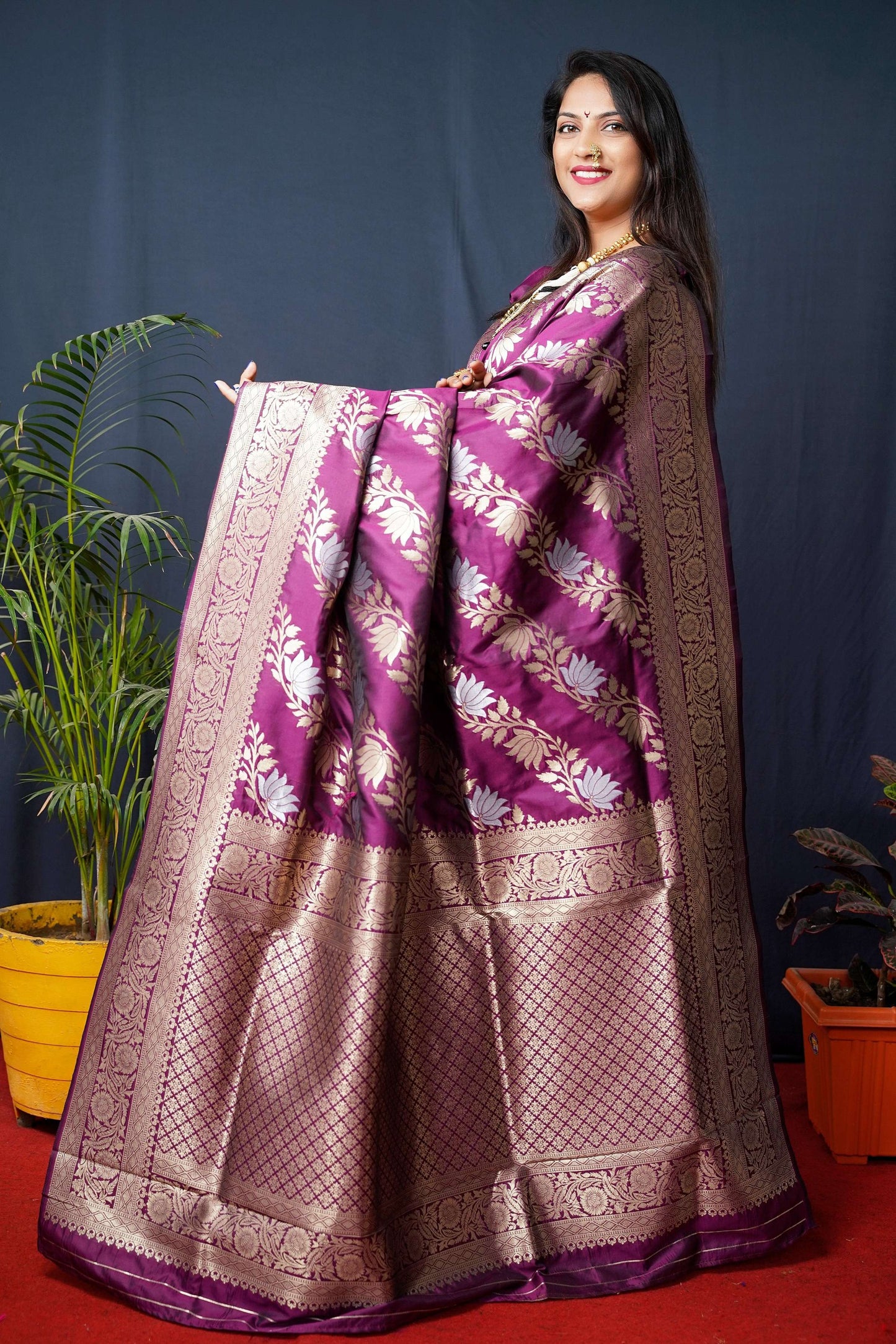 Jyoti Fashion Women's Wine Handloom Banarasi Silk Zari Woven Saree with Blouse | Swadesiicart