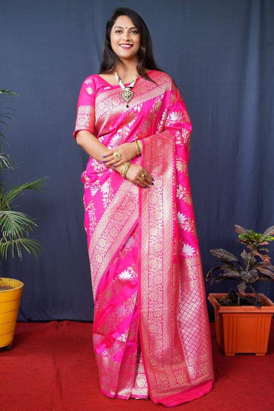 Jyoti Fashion Women's Pink Handloom Banarasi Silk Zari Woven Saree with Blouse | Swadesiicart
