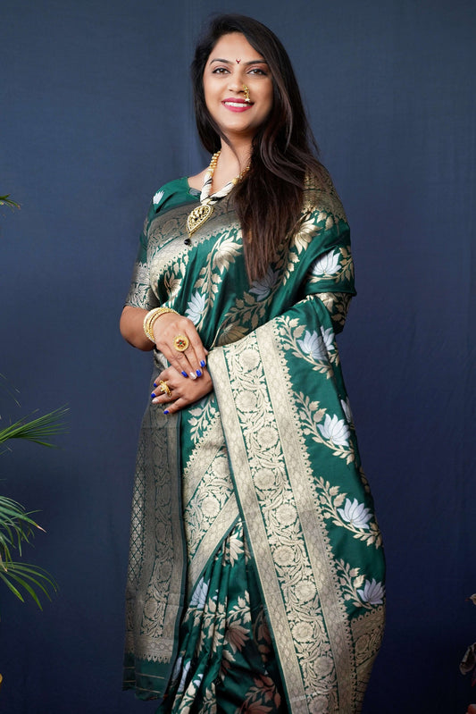 Jyoti Fashion Women's Green Handloom Banarasi Silk Zari Woven Saree with Blouse | Swadesiicart