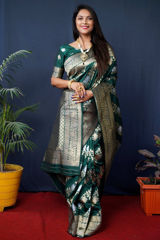Jyoti Fashion Women's Green Handloom Banarasi Silk Zari Woven Saree with Blouse | Swadesiicart