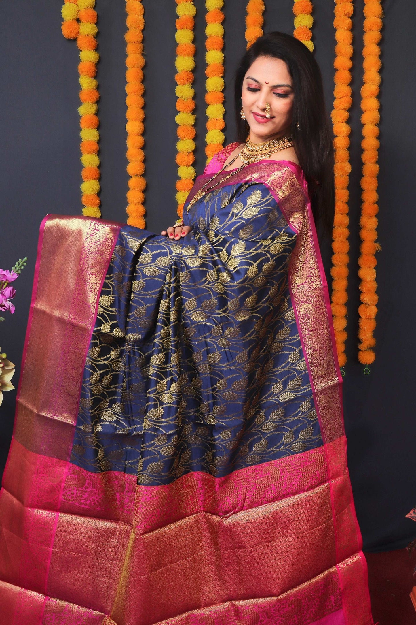 Jyoti Fashion Women's Navy Blue Kanchipuram Silk Zari Woven Saree with Blouse | Swadesiicart
