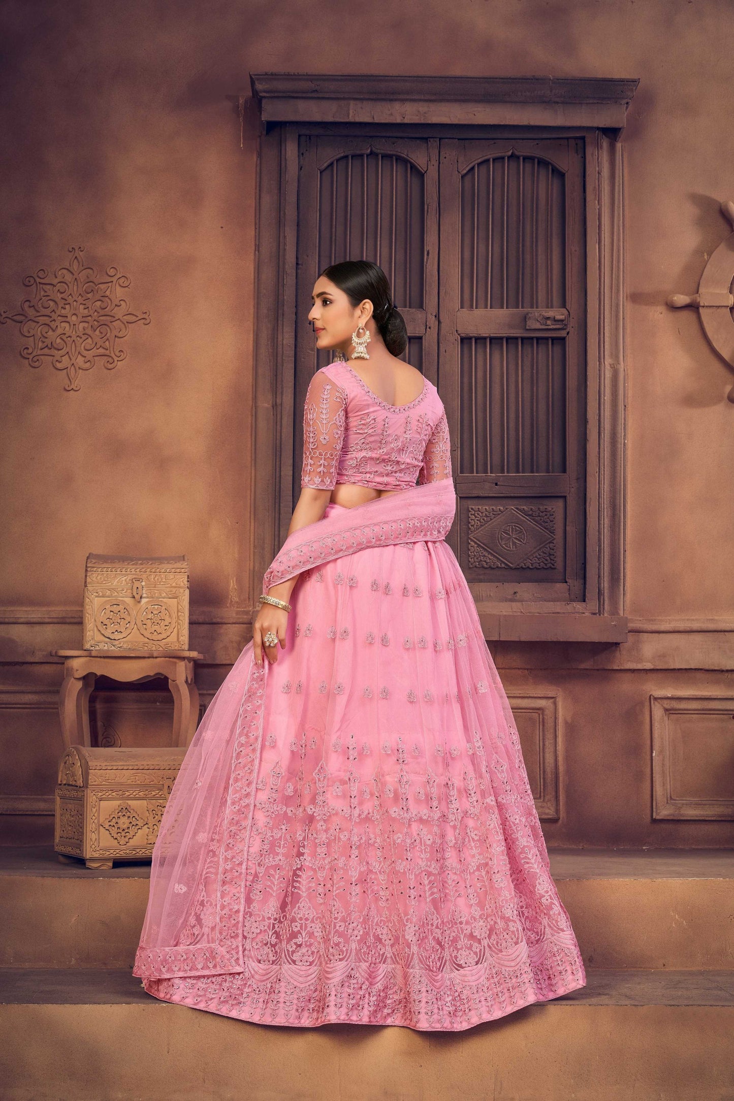 Jyoti Fashion Women's Baby Pink Net Thread Embroidered Designer Lehenga Choli Set | Swadesiicart