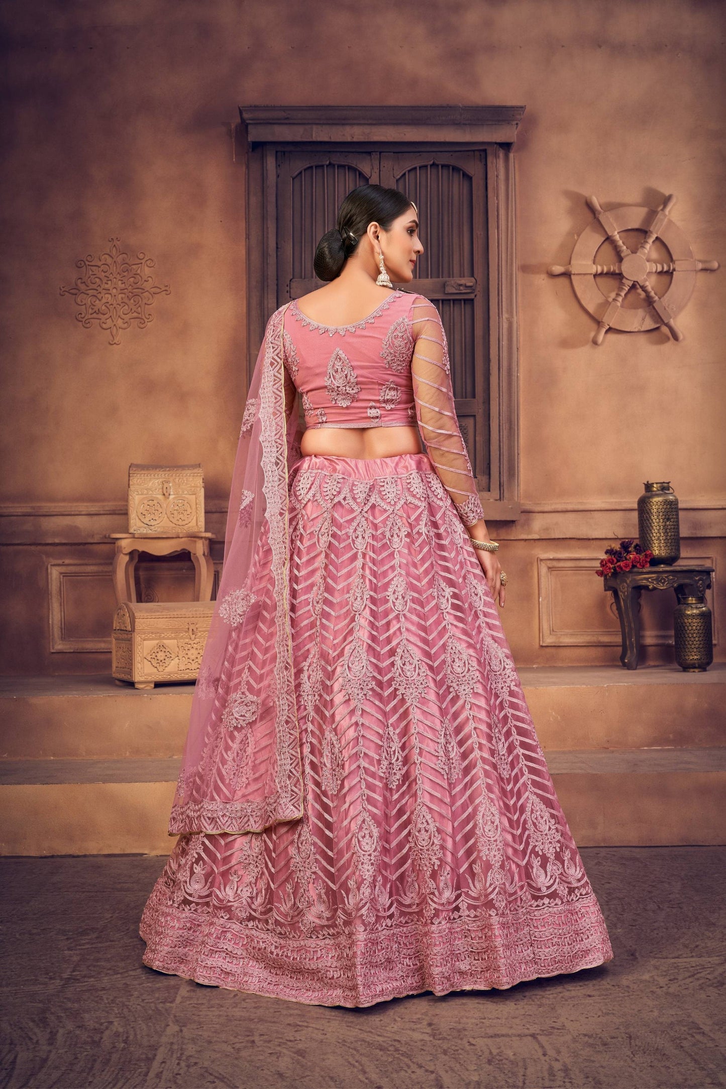 Jyoti Fashion Women's Dusty Pink Net Thread Embroidered Designer Lehenga Choli Set | Swadesiicart