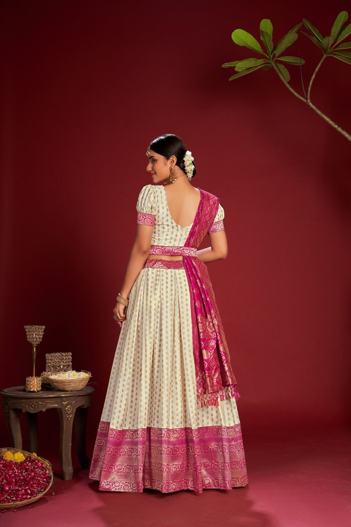 Jyoti Fashion Women's White Jacquard Zari Woven Designer Lehenga Choli Set | Swadesiicart