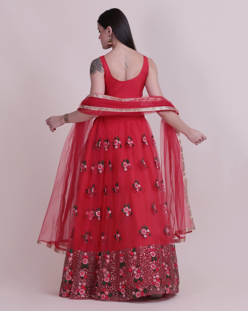 Jyoti Fashion Women's Red Net Thread Embroidered Designer Lehenga Choli Set | Swadesiicart