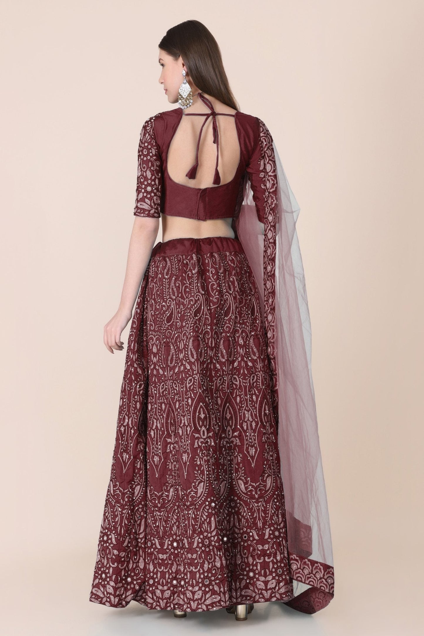 Jyoti Fashion Women's Maroon Taffeta Silk Thread Embroidered Designer Lehenga Choli Set | Swadesiicart