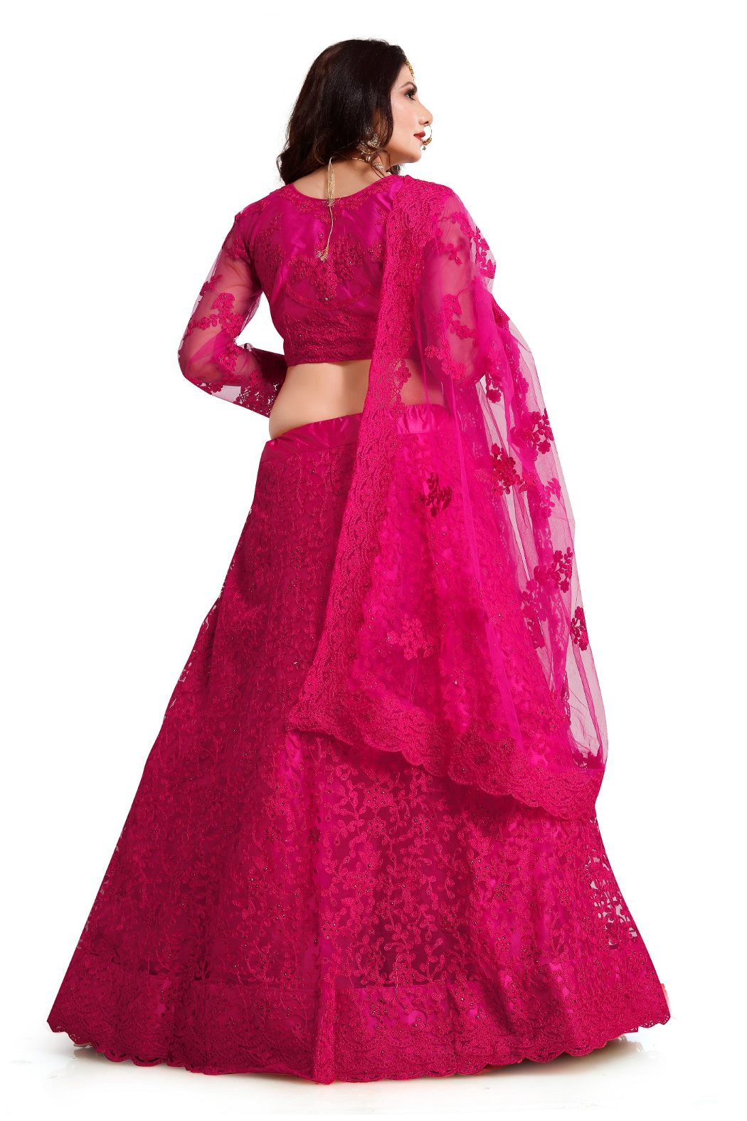 Jyoti Fashion Women's Dark Pink Net Thread Embroidered Designer Lehenga Choli Set | Swadesiicart