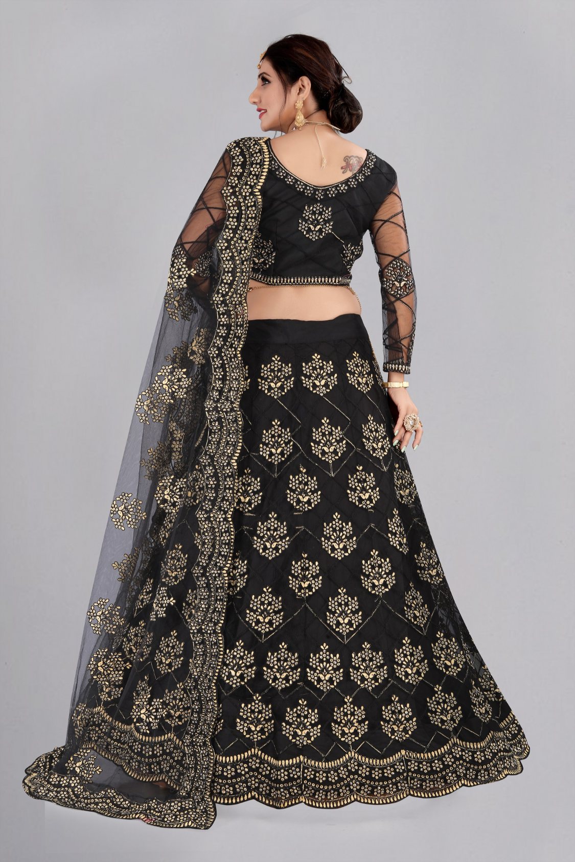 Jyoti Fashion Women's Black Net Thread Embroidered Designer Lehenga Choli Set | Swadesiicart