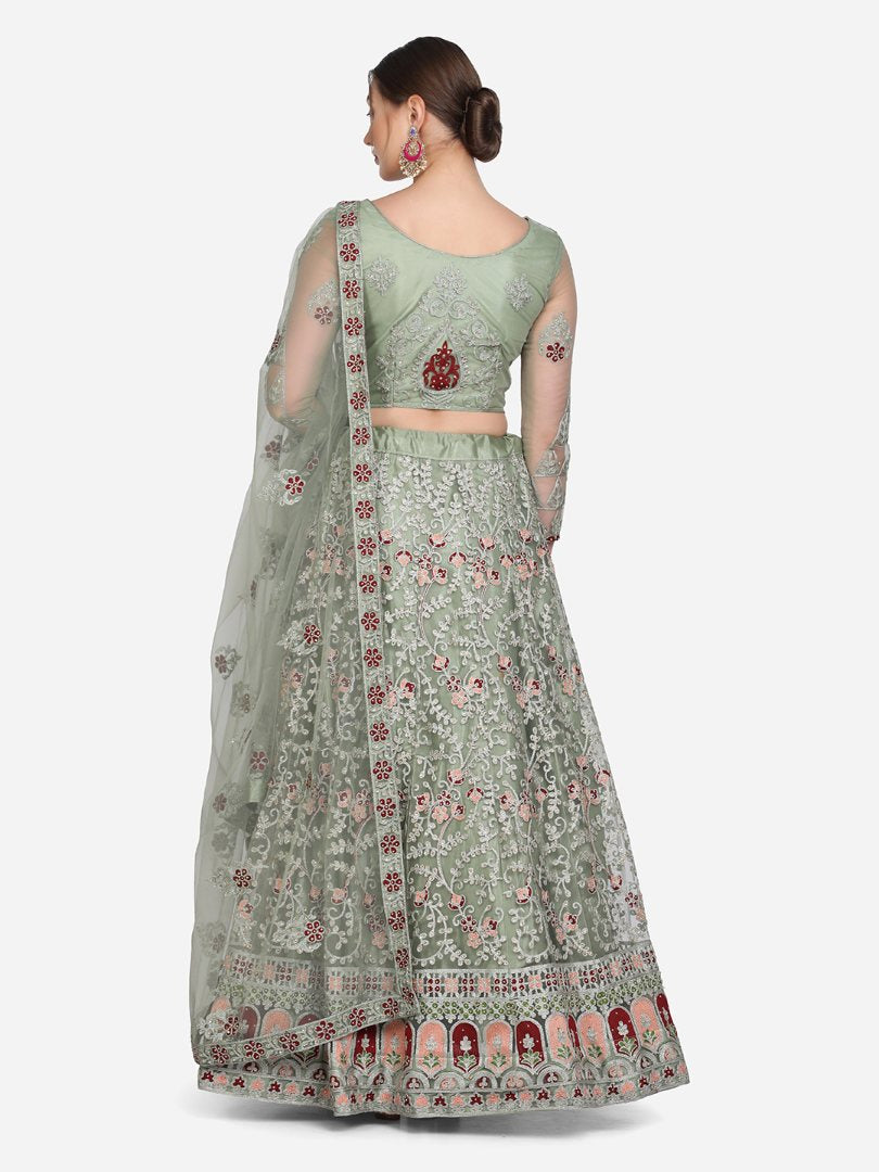 Jyoti Fashion Women's Light Green Net Thread Embroidered Designer Lehenga Choli Set | Swadesiicart