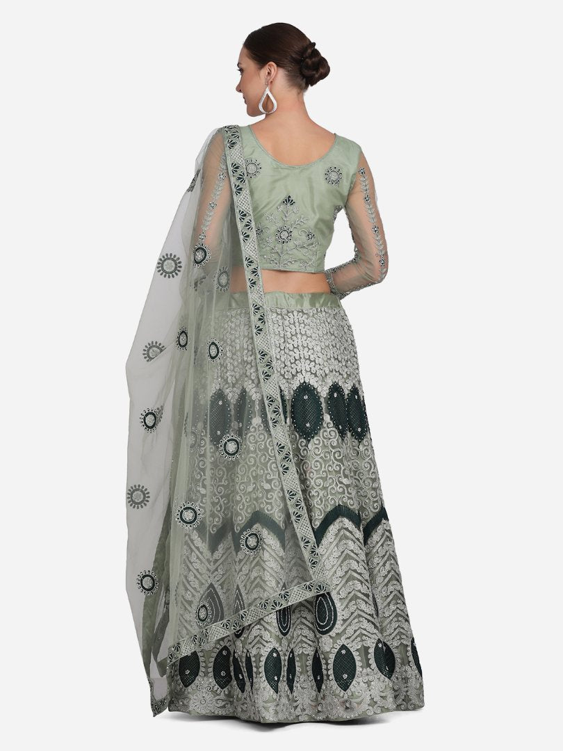 Jyoti Fashion Women's Sea Green Net Thread Embroidered Lehenga Choli with Dupatta | Swadesiicart