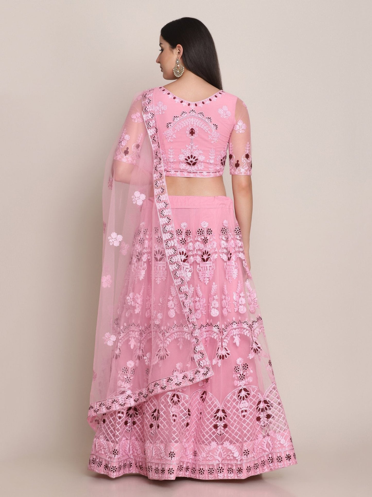 Jyoti Fashion Women's Light Pink Net Thread Embroidered Lehenga Choli with Dupatta | Swadesiicart
