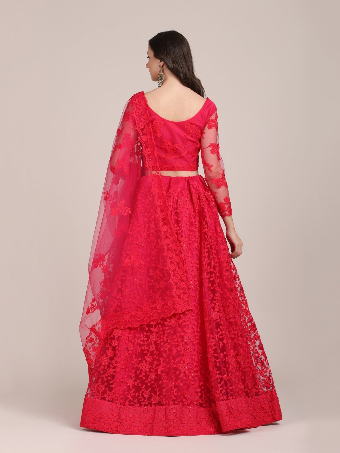 Jyoti Fashion Women's Pink Net Thread Embroidered Lehenga Choli with Dupatta | Swadesiicart