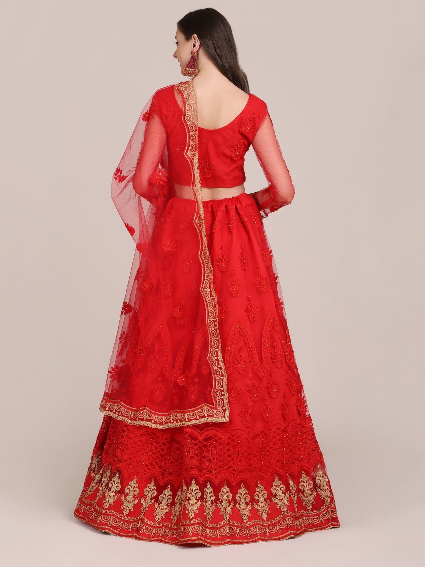 Jyoti Fashion Women's Red Net Thread Embroidered Lehenga Choli with Dupatta | Swadesiicart