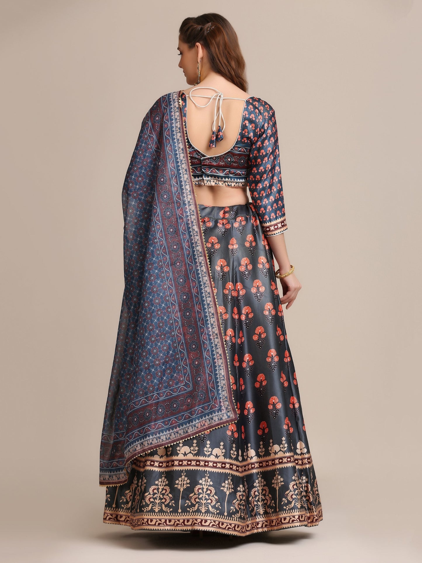 Jyoti Fashion Women's Dark Grey Jacquard Silk Floral Printed Lehenga Choli with Dupatta | Swadesiicart