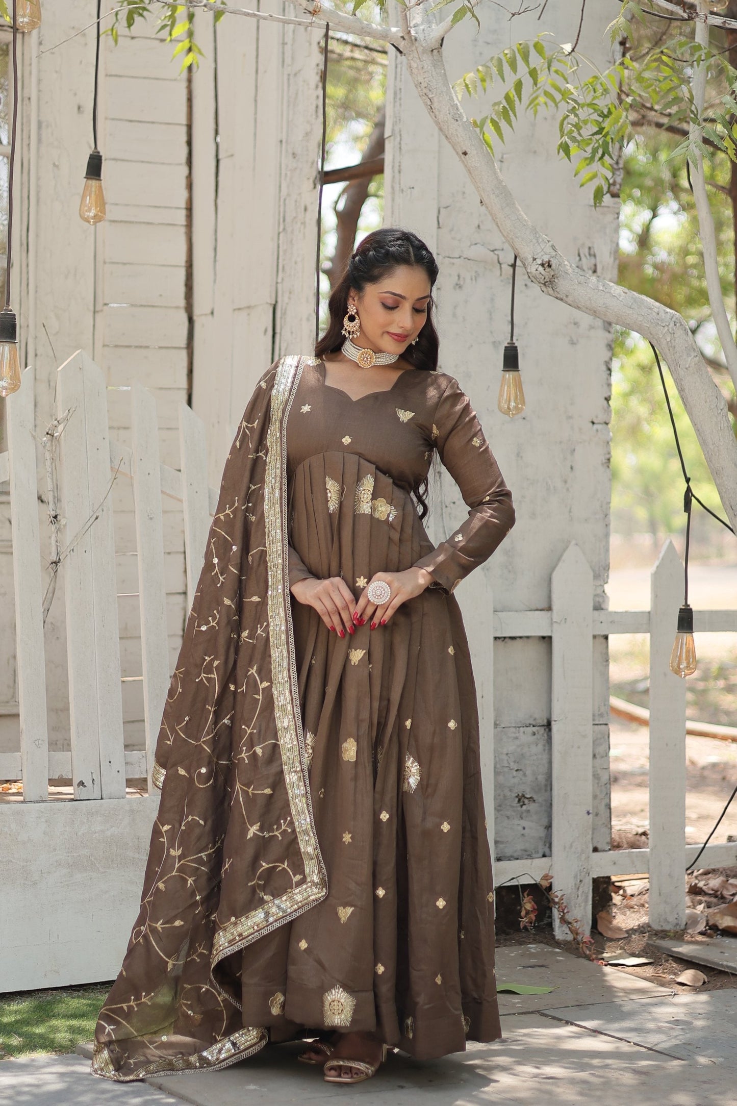 Jyoti Fashion Women's Brown Vichitra Shimmer Sequins with Embroidered Anarkali Kurta with Dupatta | Swadesiicart