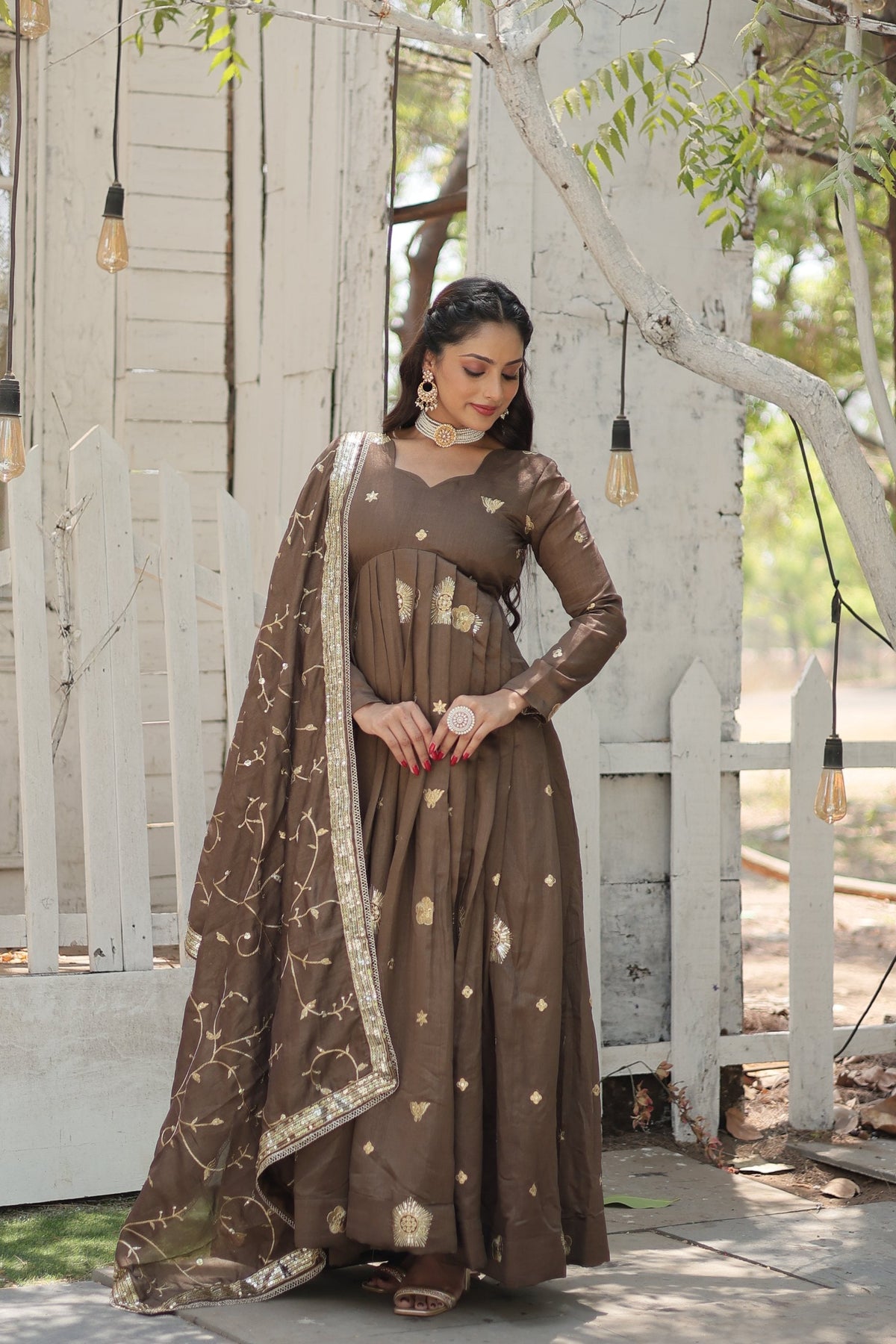 Jyoti Fashion Women's Brown Vichitra Shimmer Sequins with Embroidered Anarkali Kurta with Dupatta