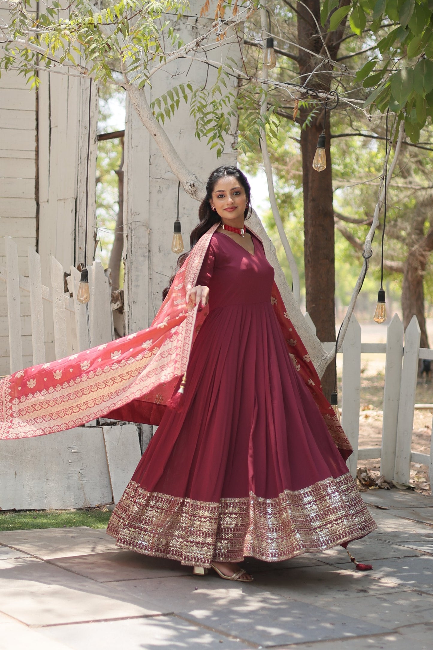 Jyoti Fashion Women's Dark Pink Faux Georgette Sequins with Embroidered Anarkali Kurta with Dupatta | Swadesiicart