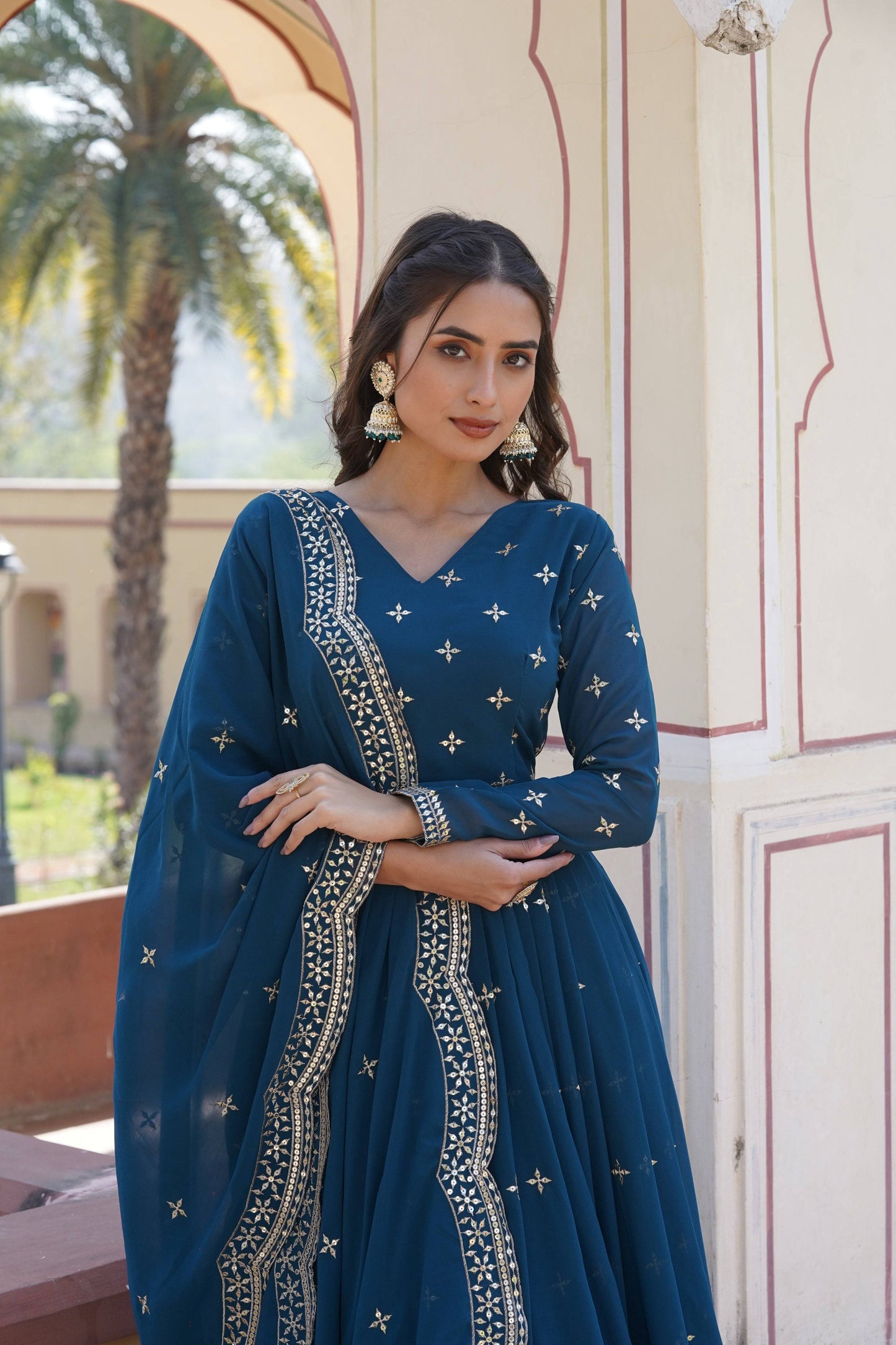 Jyoti Fashion Women's Rama Faux Georgette Sequins with Zari Embroidered Anarkali Kurta with Dupatta | Swadesiicart