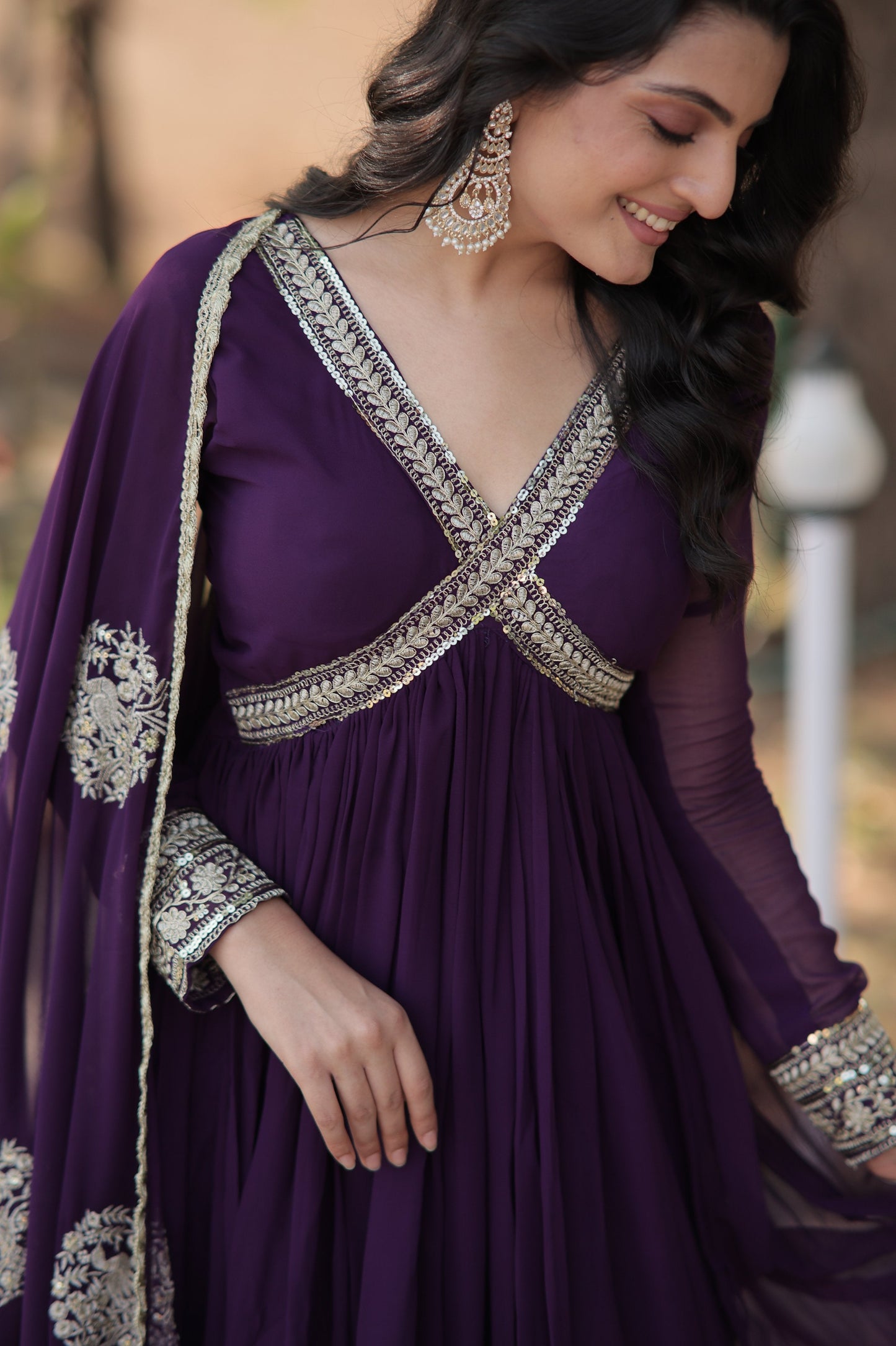 Jyoti Fashion Women's Purple Faux Blooming Sequins with Zari Embroidered Anarkali Kurta with Dupatta | Swadesiicart