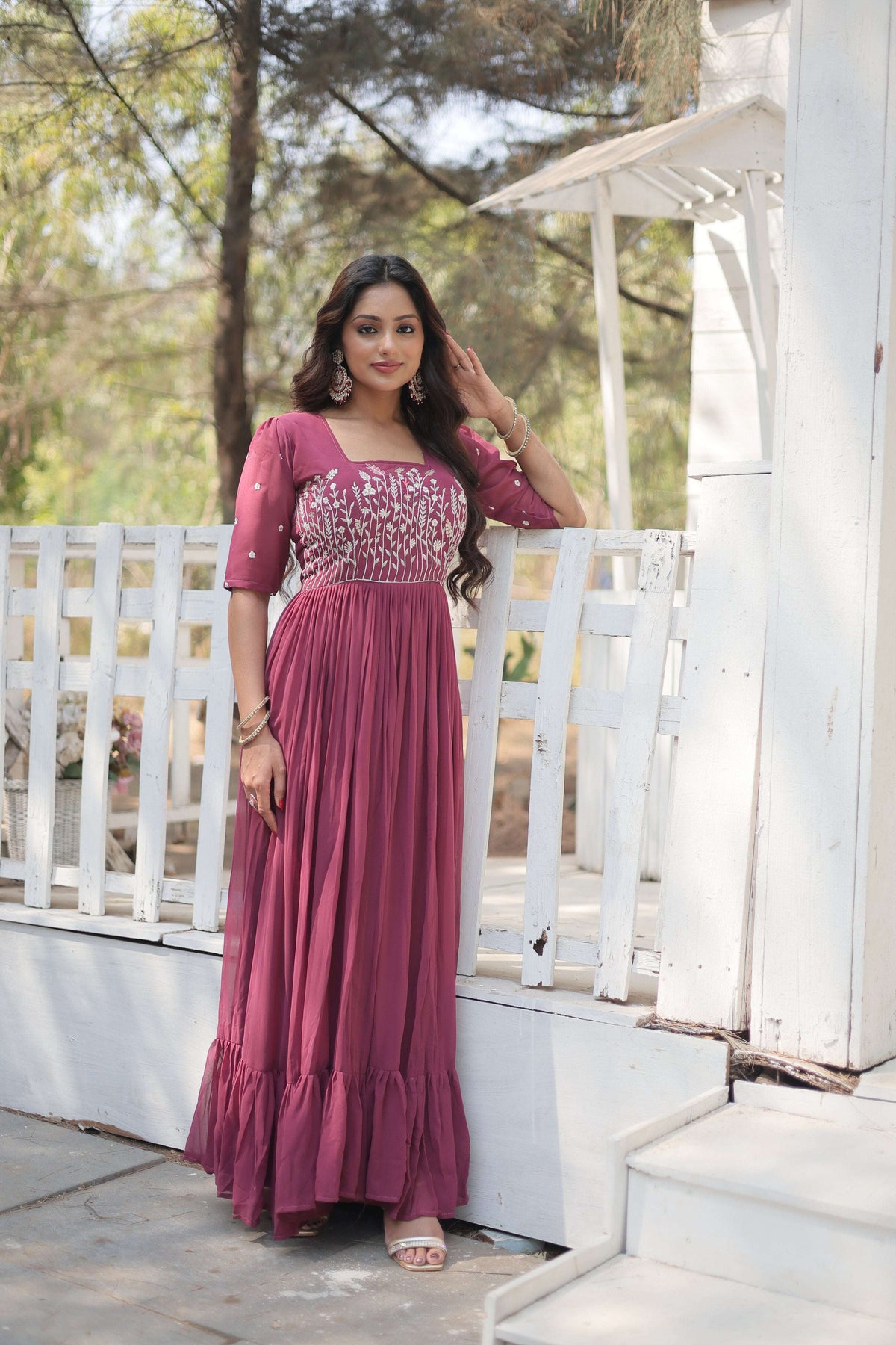 Jyoti Fashion Women's Onion Faux Georgette Sequins with Zari Embroidered Long Anarkali Dress