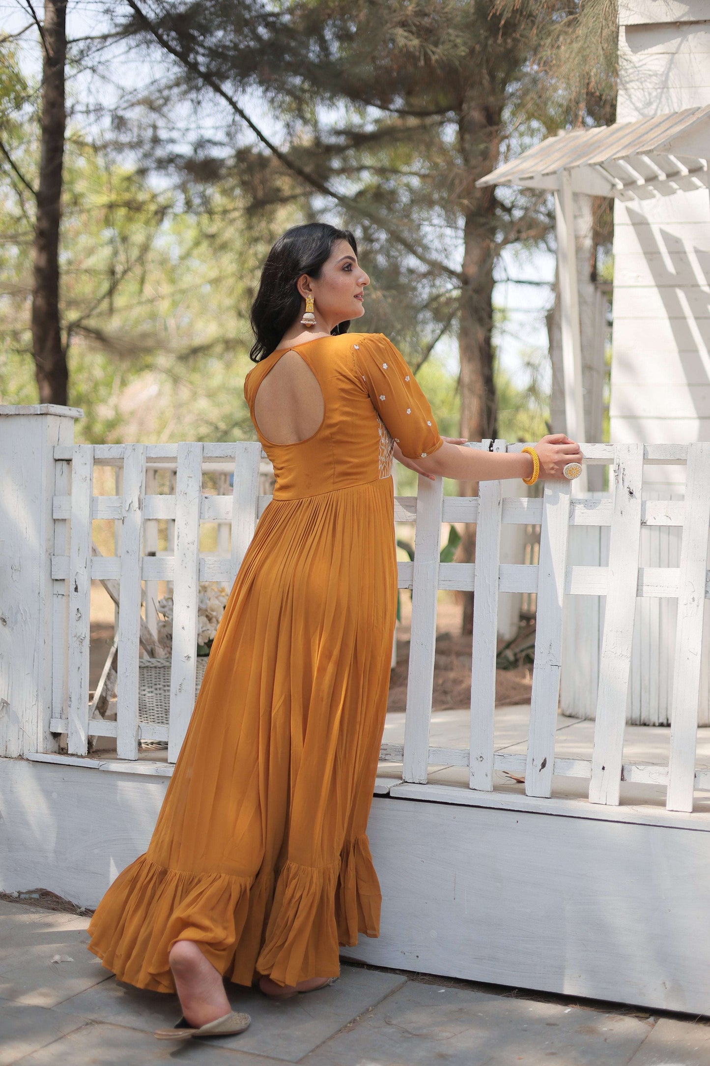 Jyoti Fashion Women's Mustard Faux Georgette Sequins with Zari Embroidered Long Anarkali Dress | Swadesiicart
