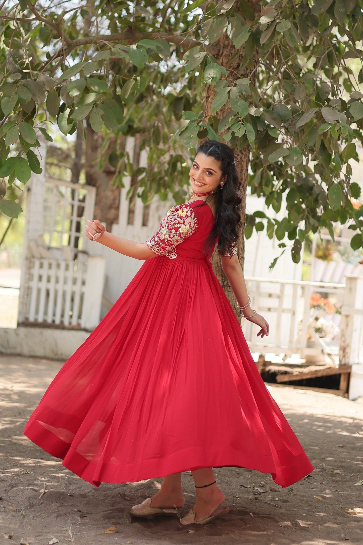 Jyoti Fashion Women's Red Faux Blooming Sequins with Zari Embroidered Long Anarkali Dress | Swadesiicart