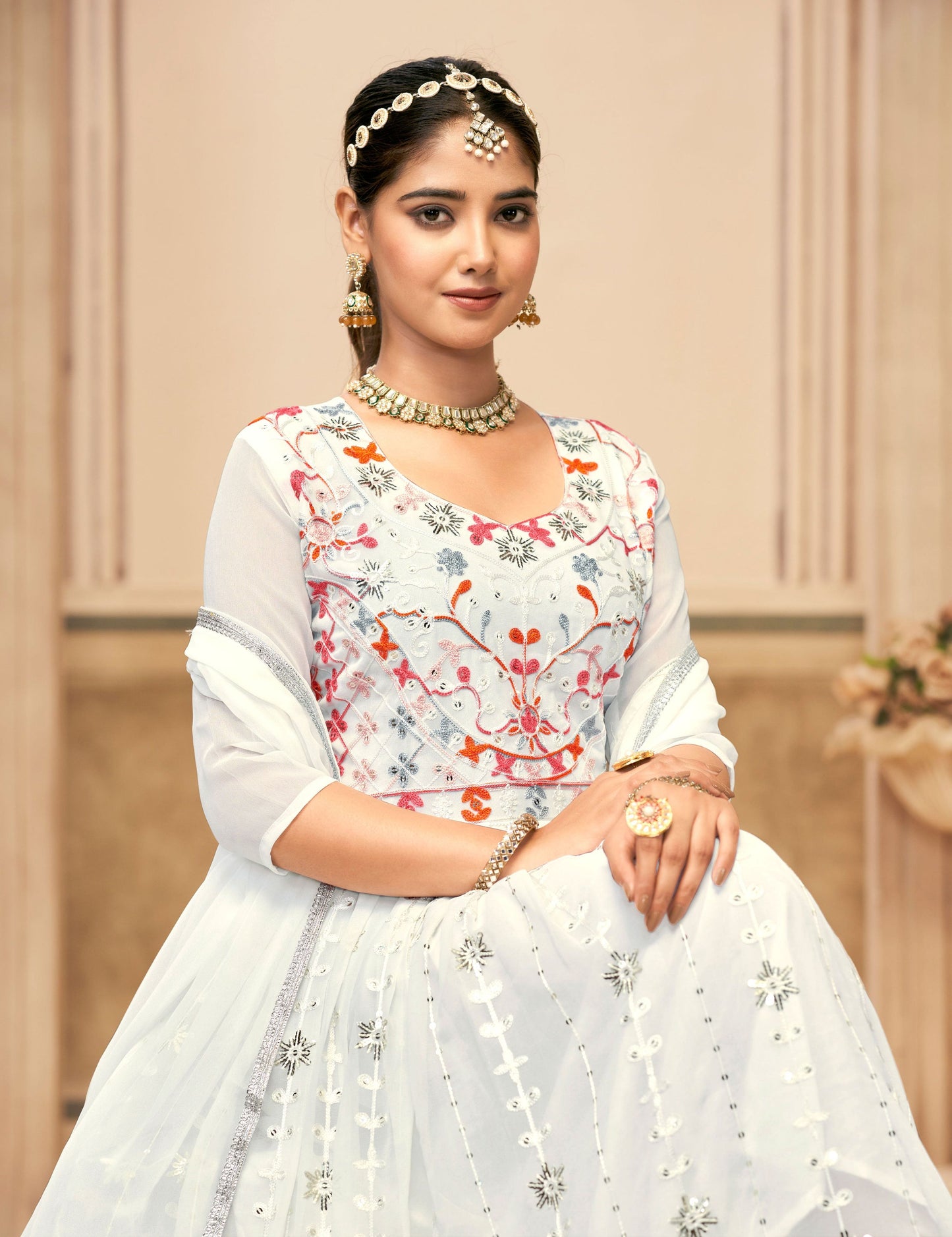 Jyoti Fashion Women's White Faux Georgette Heavy Embroidered Kurta Set | Swadesiicart