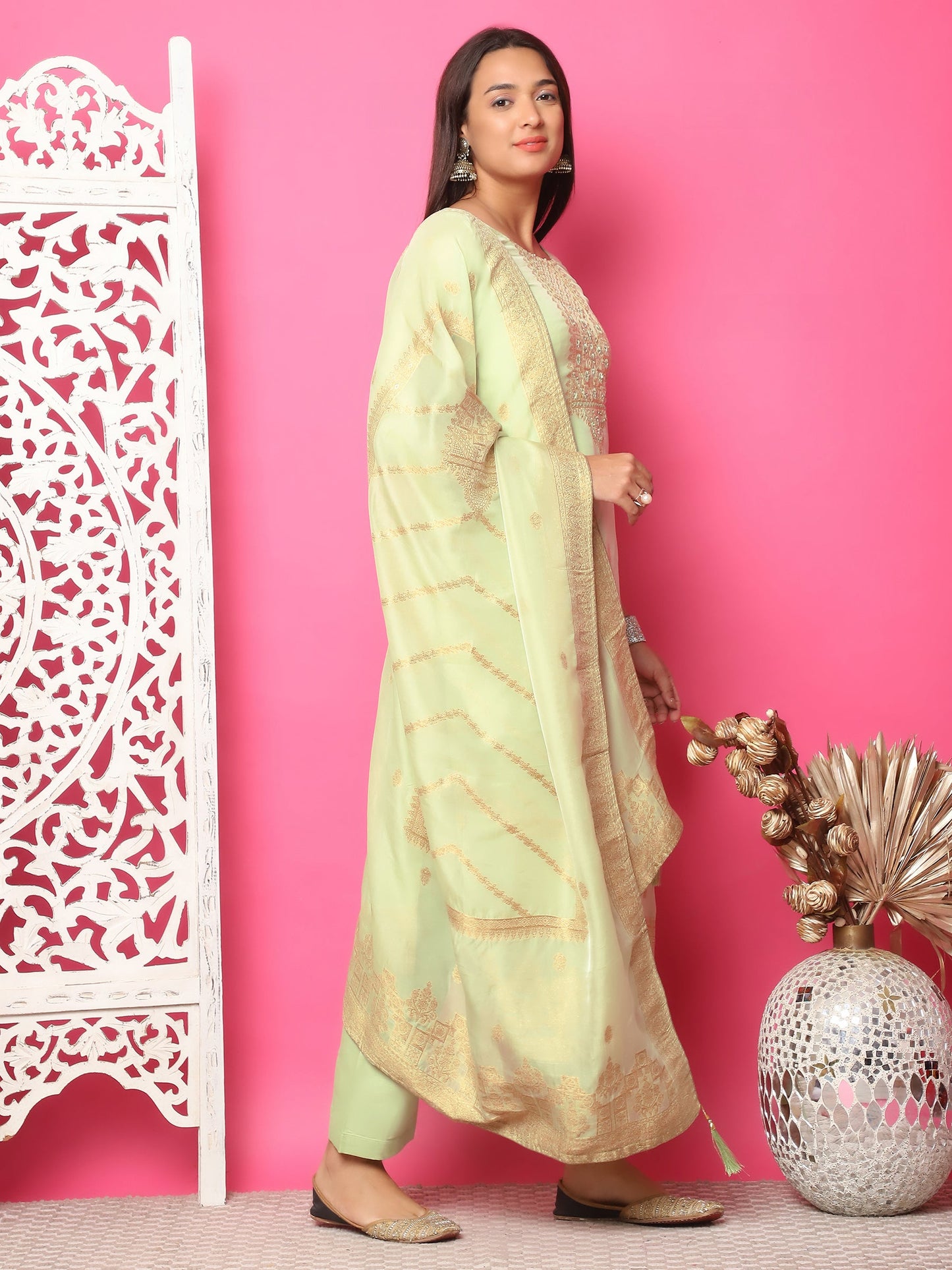 Jyoti Fashion Women's Pista Green Silk Jacquard Woven with Hand Work Salwar Suit Set | Swadesiicart