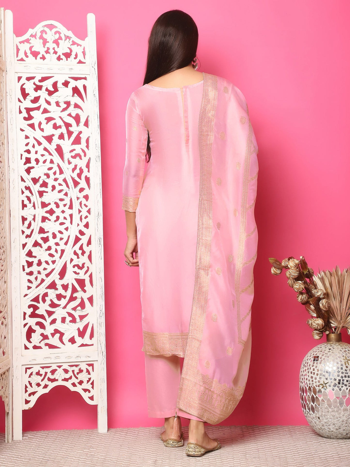 Jyoti Fashion Women's Pink Silk Jacquard Woven with Hand Work Salwar Suit Set | Swadesiicart